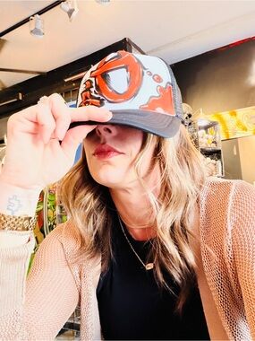 Graphic Trucker Hat in Black, Orange and White custom painted